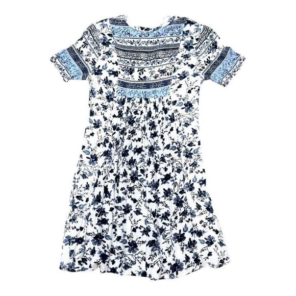 Knox Rose XS Floral Boho Short Sleeve Dress Blue White Soft Knit Summer Casual - Picture 2 of 4